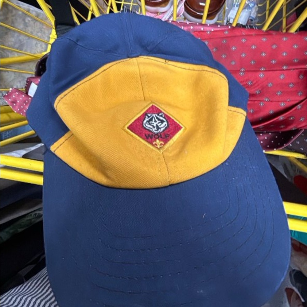 Wolf Boy Scout hat Kids Two-Tone Navy and Yellow Cap with Wolf Patch